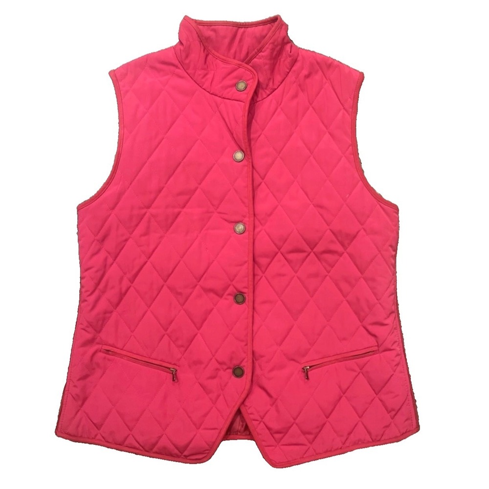 TALBOTS Hot Pink Quilted Vest SNAP-UP w/ZIP POCKETS Sweater Knit Sides SP S PET